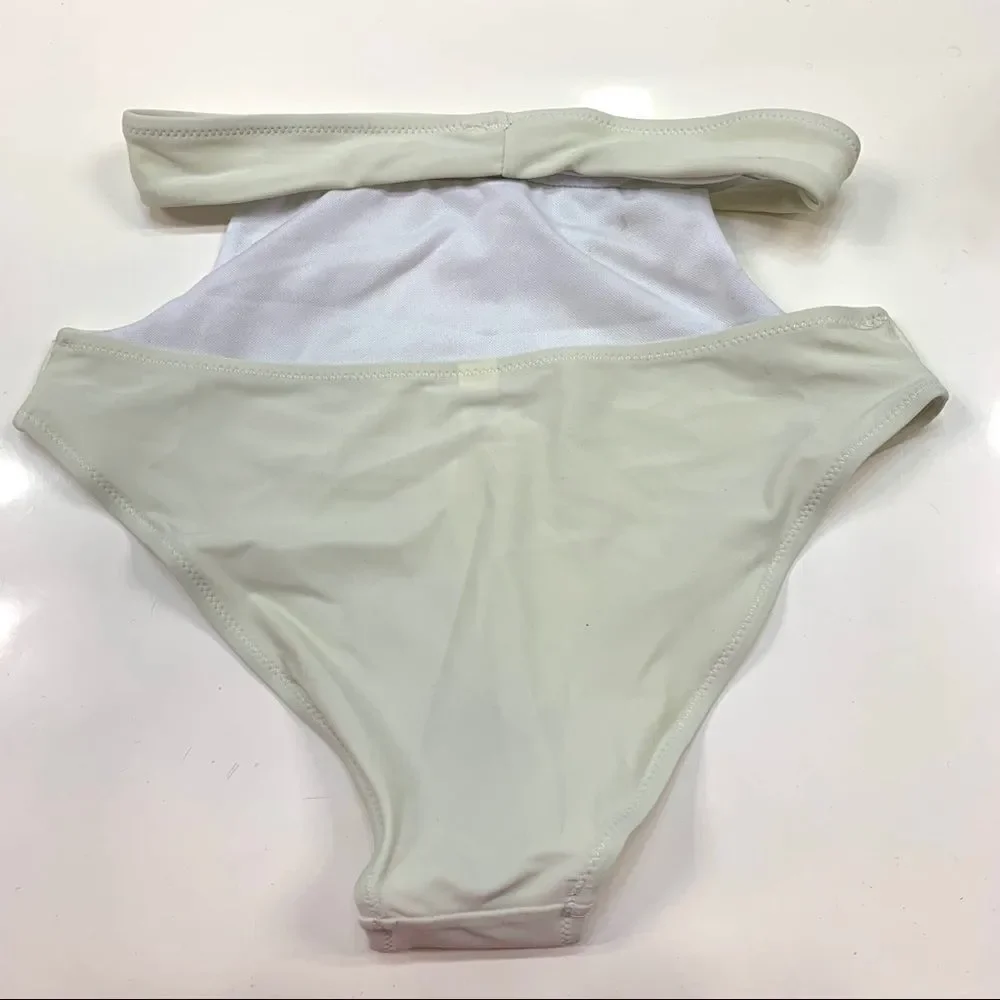 Women Sexy Triangle Self Tie Bikini Set Ivory Sz S